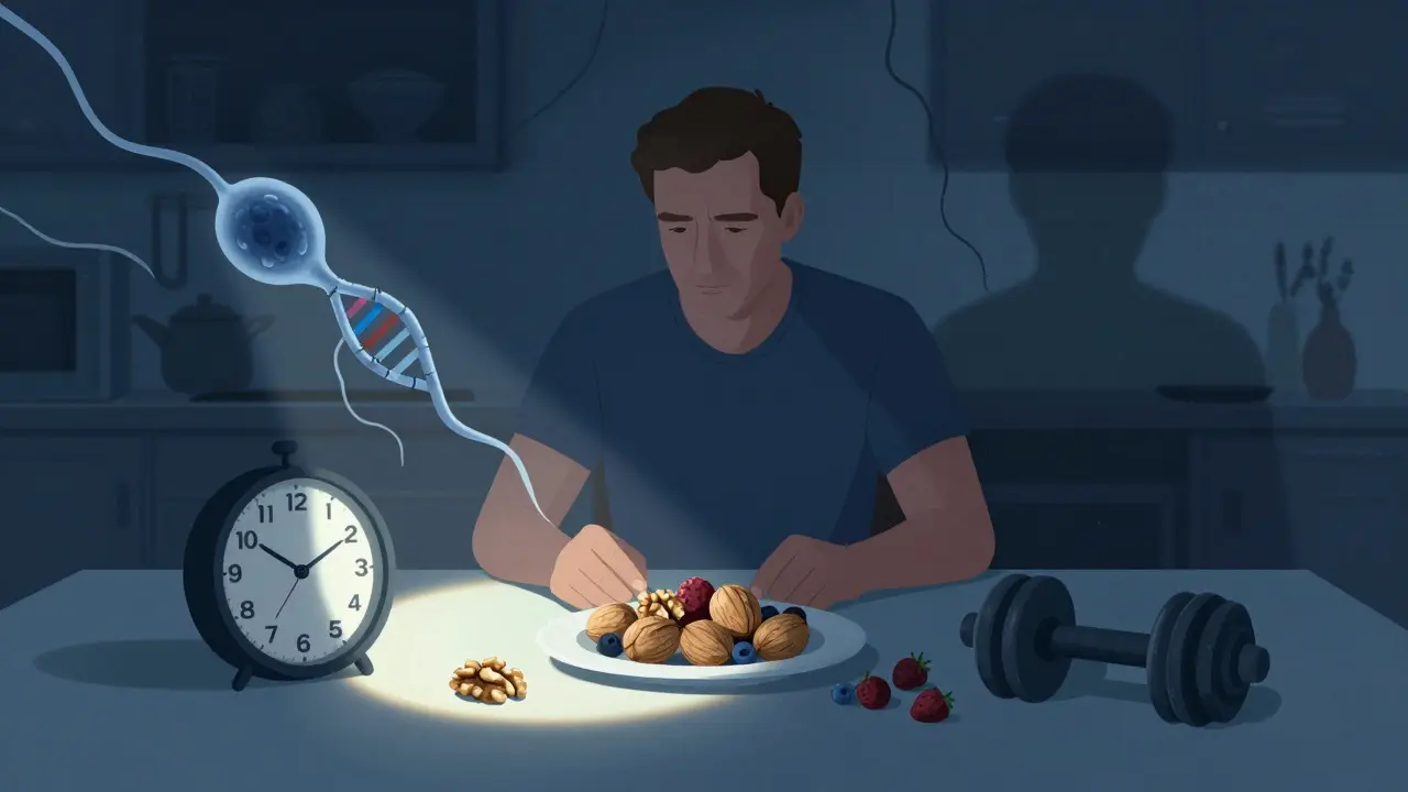 Muž v 40 letech s jídlem, cvičením a poškozenou spermii jako symbol poklesu plodnosti.