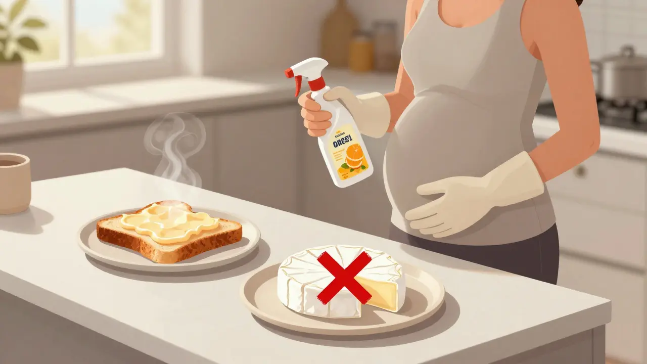 Na kuchyňském stole jsou dva talíře: bezpečný zahřátý sýr a zakázaný syrový sýr s křížkem.