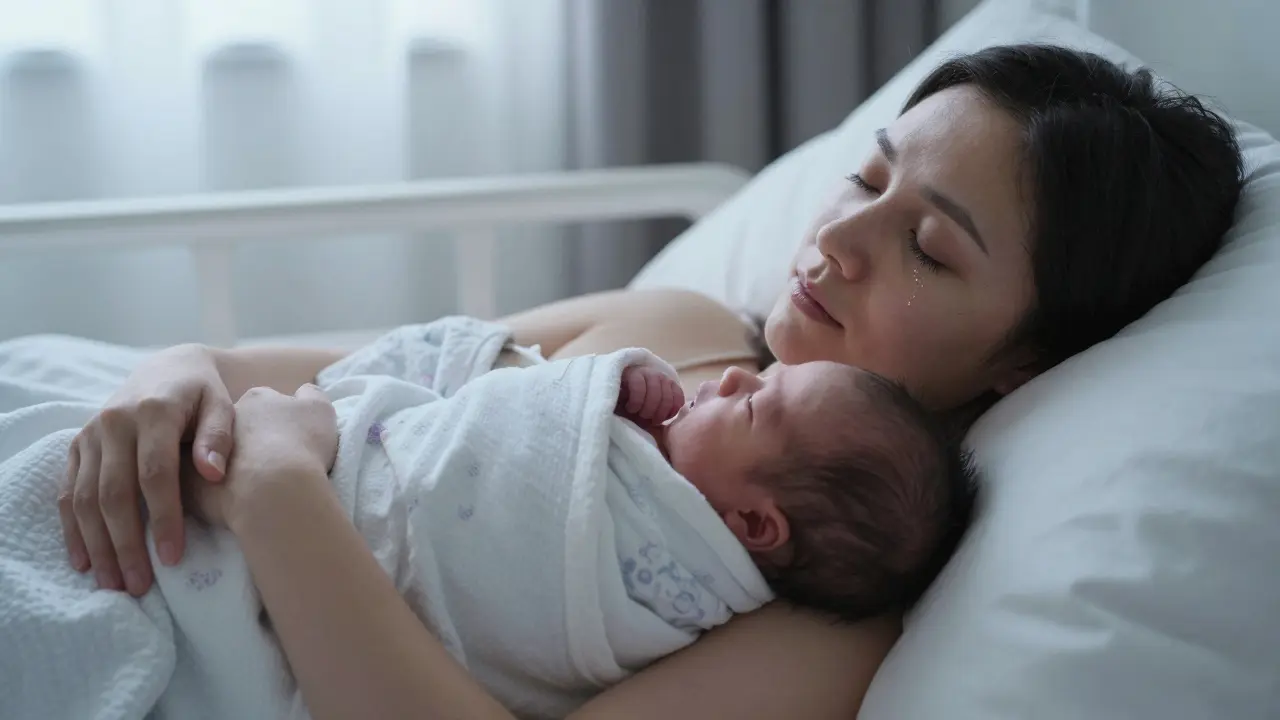 Nově porodila žena drží novorozence, slza na tváři, jemné světlo, pocit klidu a úlevy po porodu.