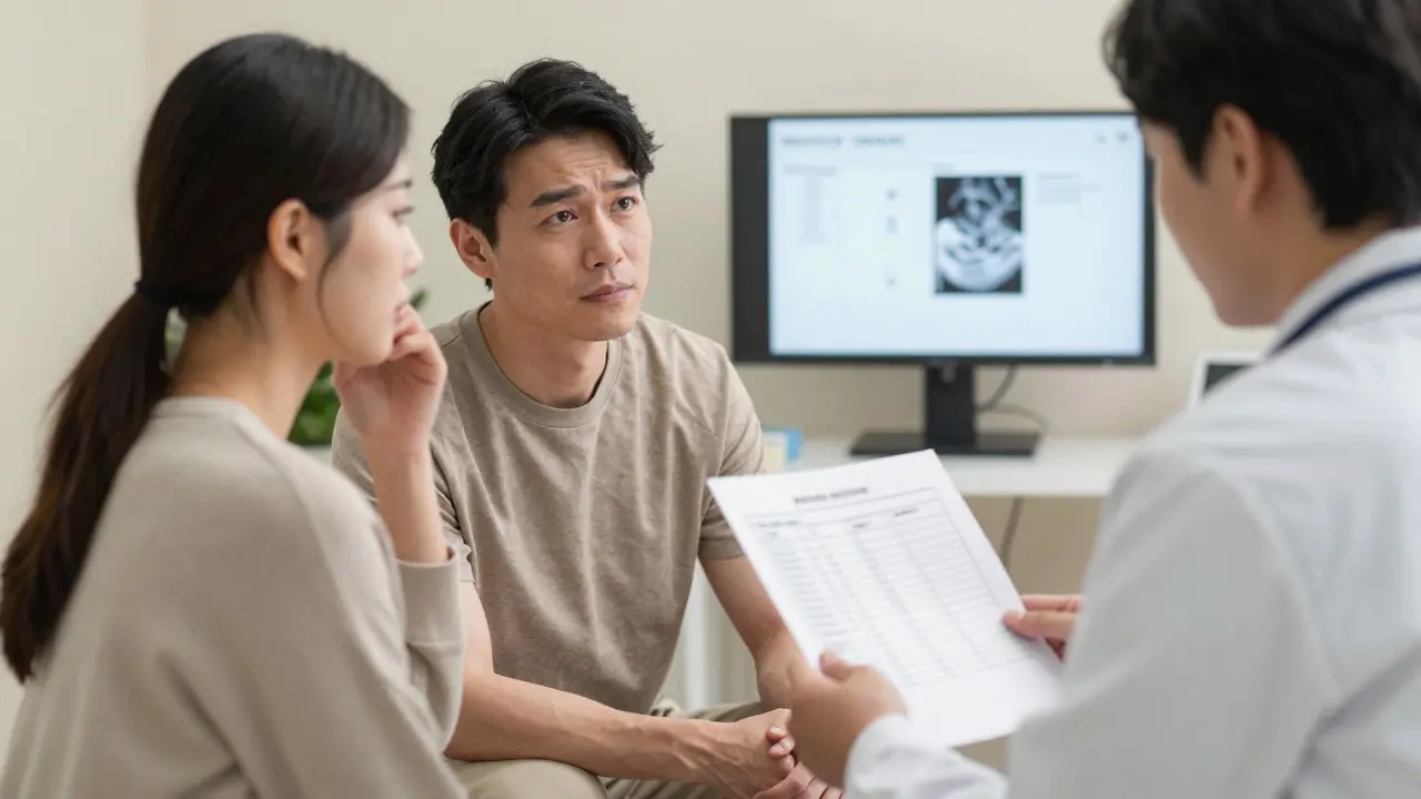 Pár koná konzultaci s lékařem v klinice, drží v rukách výsledky vyšetření.