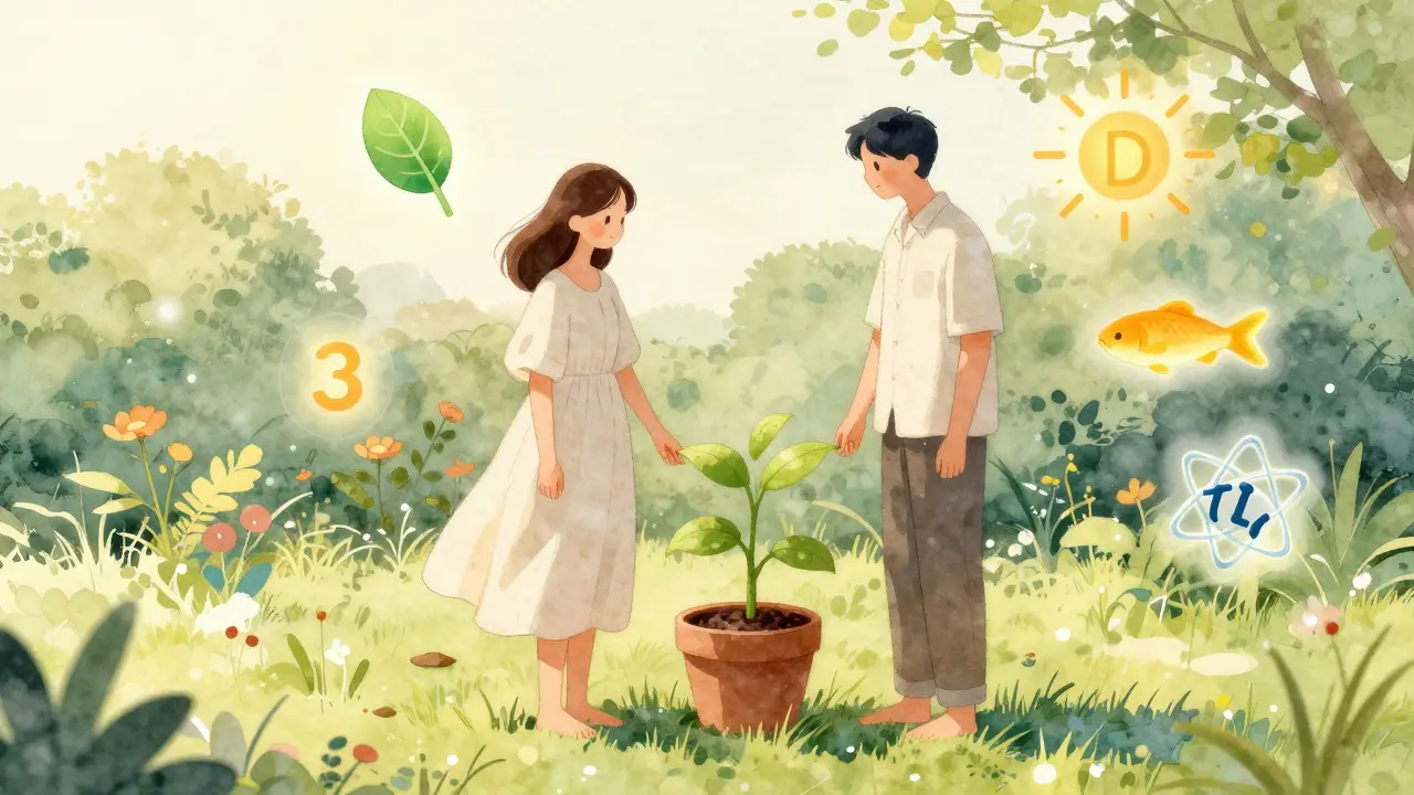 Pár stojí v zahradě a pozoruje růst malé rostliny, kolem nich plavou symboly výživových látek.