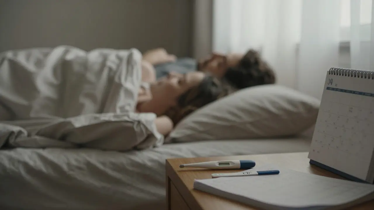 Pár v posteli s teploměrem, testem na ovulaci a kalendářem, ranní světlo osvětluje plodné dny.