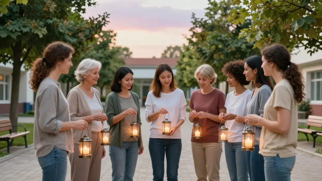 Skupina těhotných žen ve venkovním prostoru drží svíčky symbolizující rizikové faktory těhotenství.