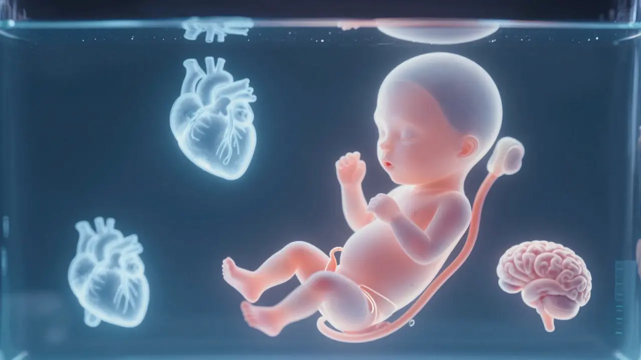 Symbolický obraz plodu s klíčovými strukturami osvětlenými ve vodě.