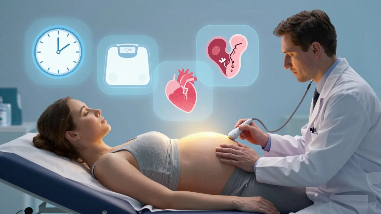 Těhotná žena na vyšetření, kde se přes její břicho poslouchá srdeční tep plodu.