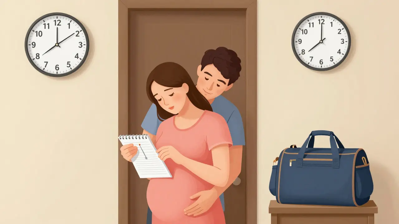 Těhotná žena si zapisuje kontrakce na papír doma, připravená taška u dveří.