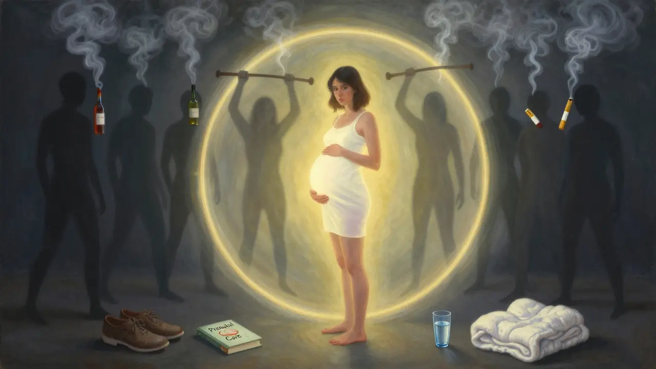 Těhotná žena stojí ve světle, zatímco kolem ní mizí deset nebezpečných činností.