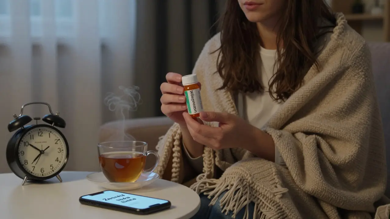 Žena doma drží pilulku Mifepriston, večerní světlo a teplá pokojová atmosféra.