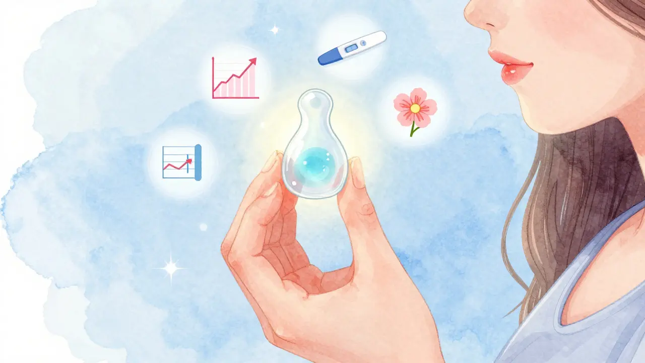 Žena drží průhledný, elastický vaginální sliz, symbolizující špičku plodnosti.