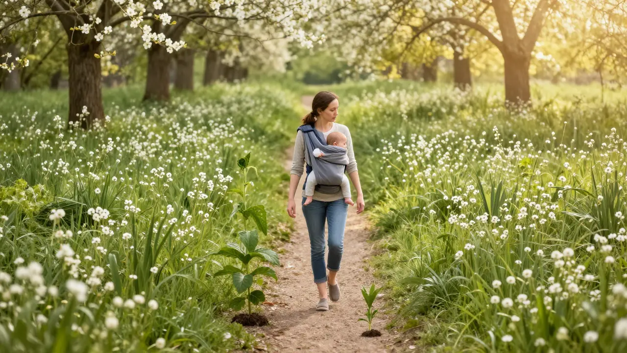 Žena jde po louce s dítětem v slingu, květiny a sluneční světlo