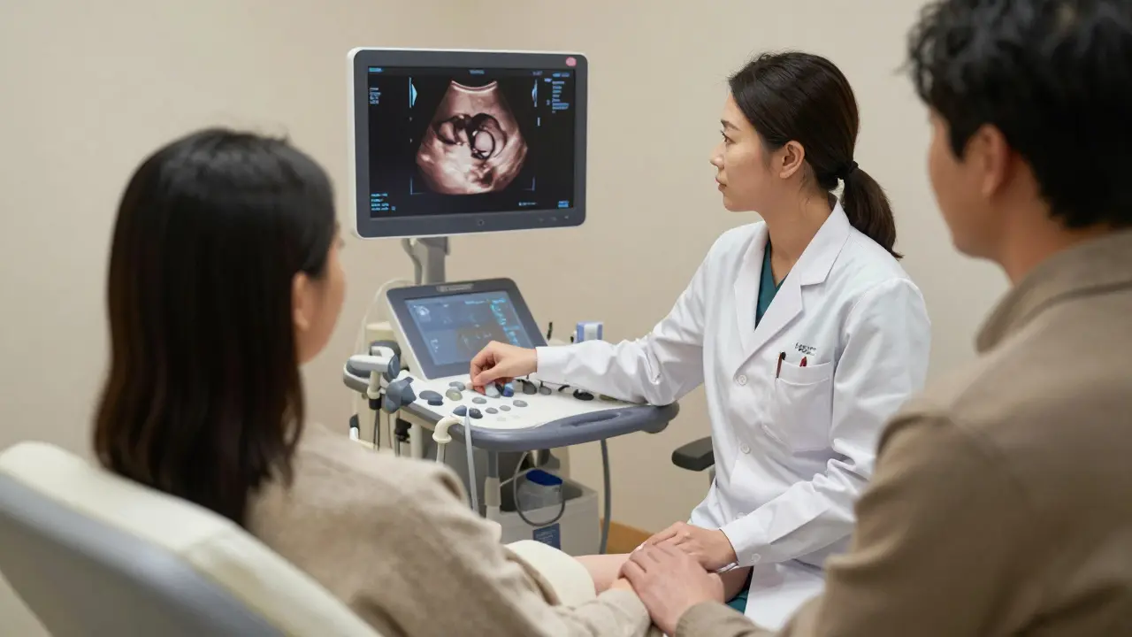 Žena podstupuje ultrazvukové vyšetření, partner sedí vedle.