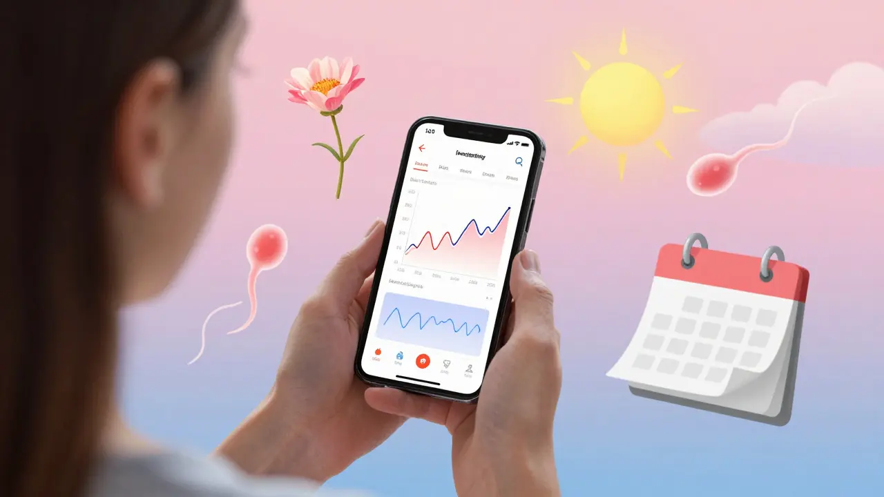 Žena sleduje svůj cyklus na telefonu s grafem teploty a výtoku, symbolicky znázorněný.