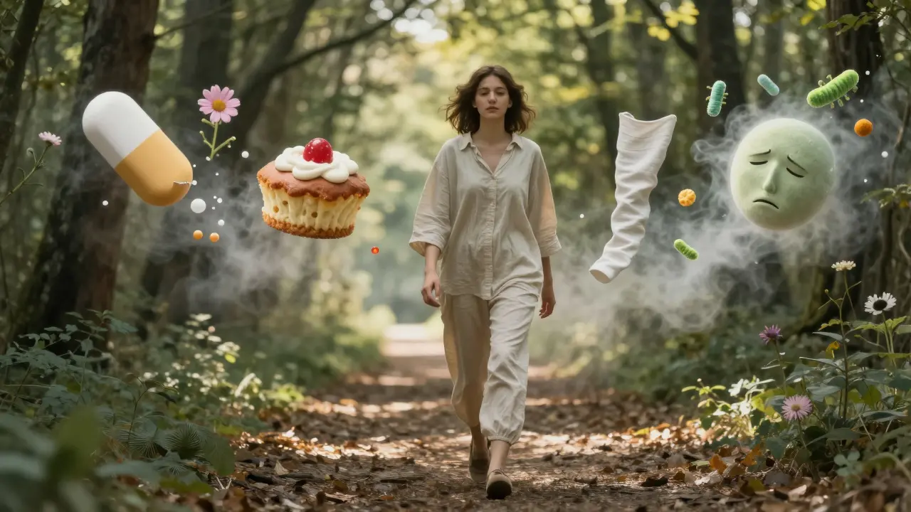 Žena v lese s symboly příčin mykózy, které se mění v květiny a zdraví.