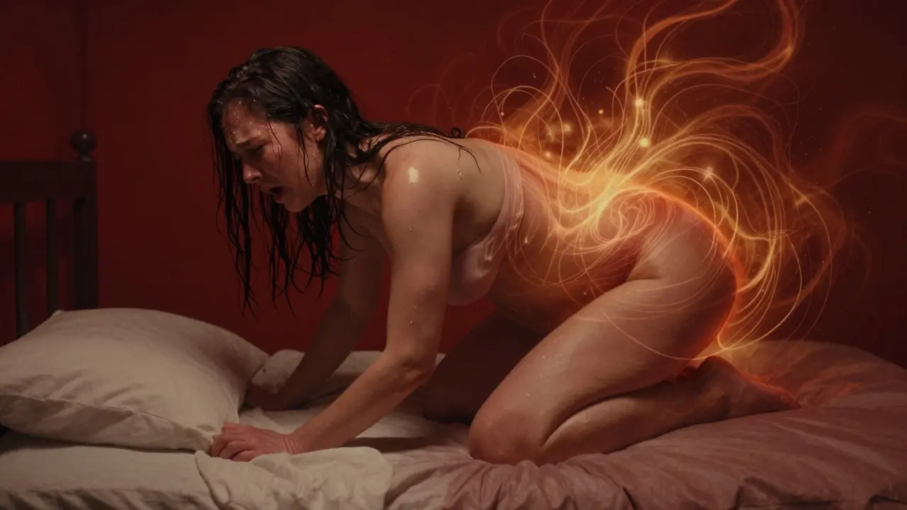 Žena v přechodové fázi porodu na všech čtyřech, kolem ní vlny energie, znázorňující silné kontrakce.