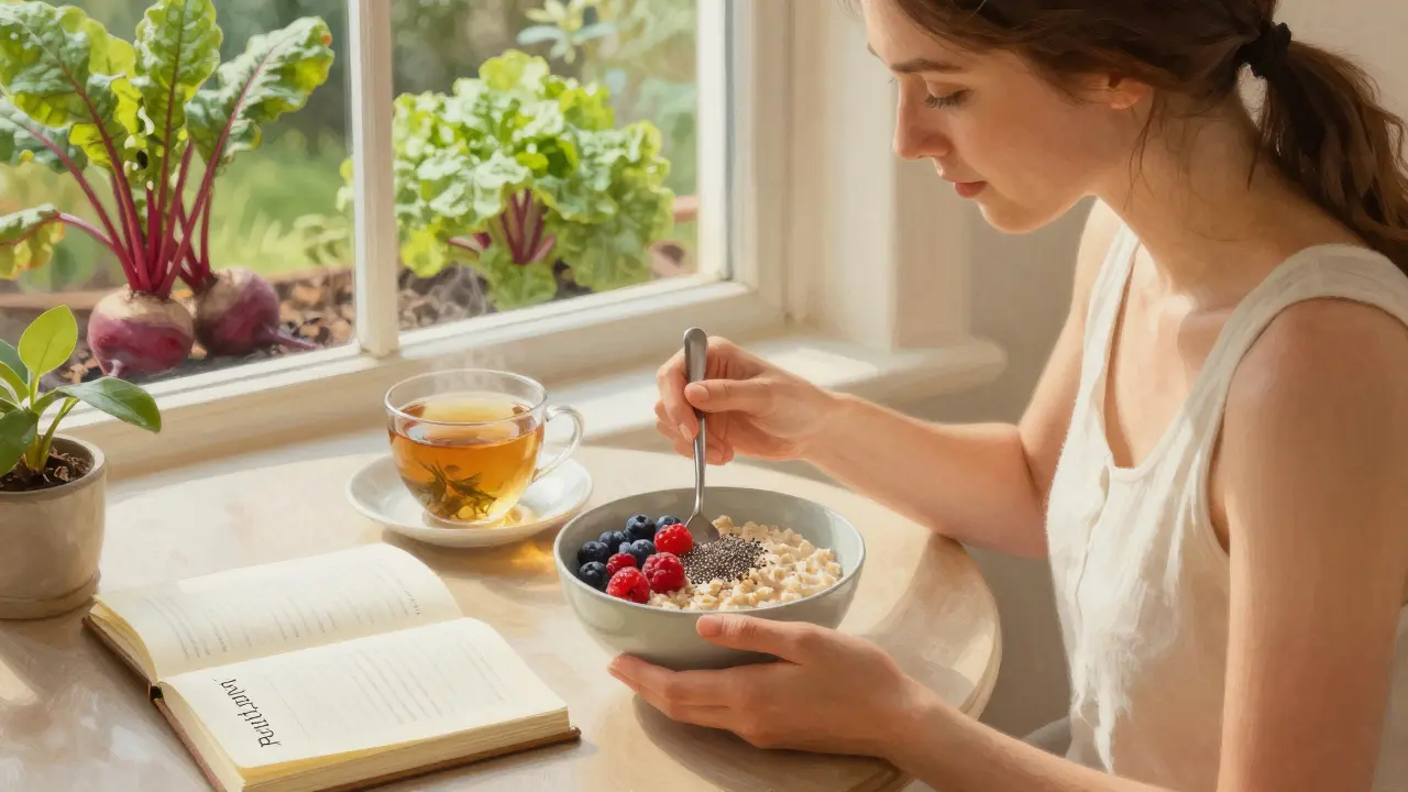 Žena ve světlé kuchyni snídá zdravou kaši s bobulovým ovocem a zeleným čajem