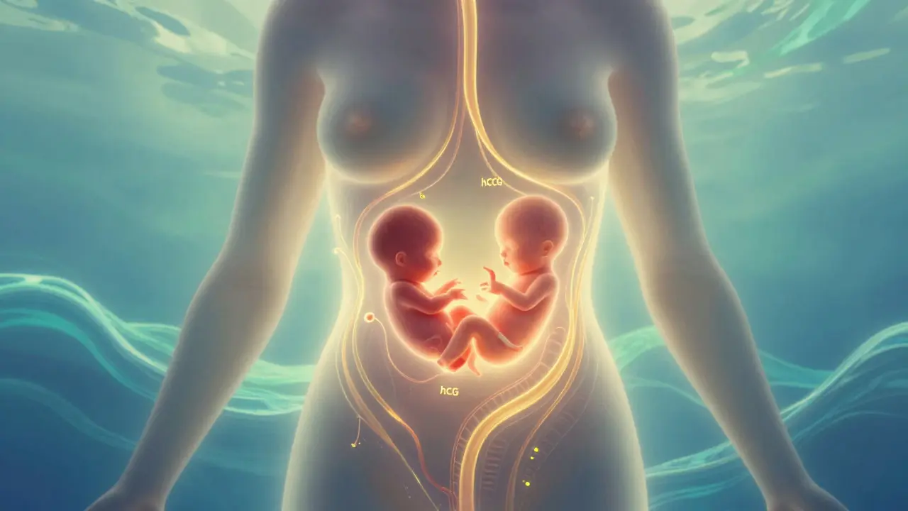 Abstraktní silueta těhotné ženy s vnitřním zářivým tokem hormonů a plodem.