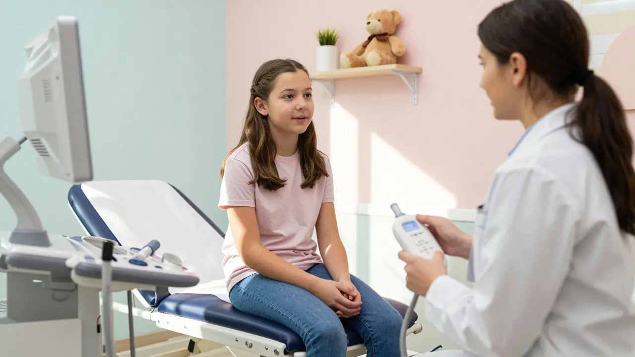 Dívka ve věku 14 let klidně mluví s lékařkou, která používá ultrazvukové zařízení na břiše.