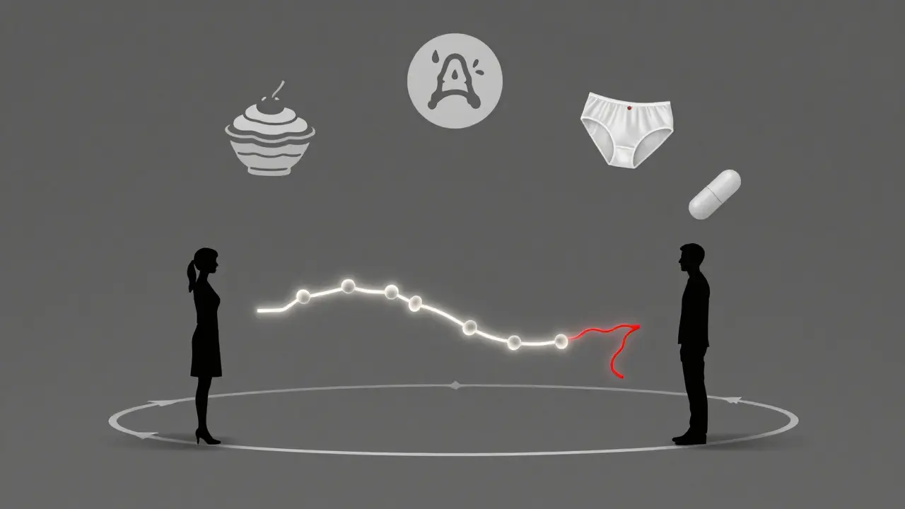 Dva postavy spojené spory houby, kolem nich symboly příčin mykózy: cukr, stres, syntetické prádlo a probiotika.