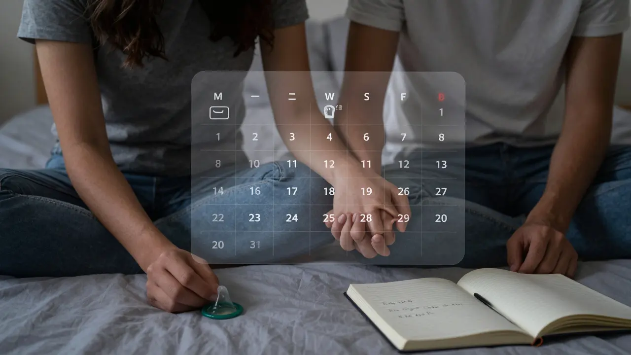 Dvojice na posteli s přehledem plodnosti, spánku a výživy v pozadí.