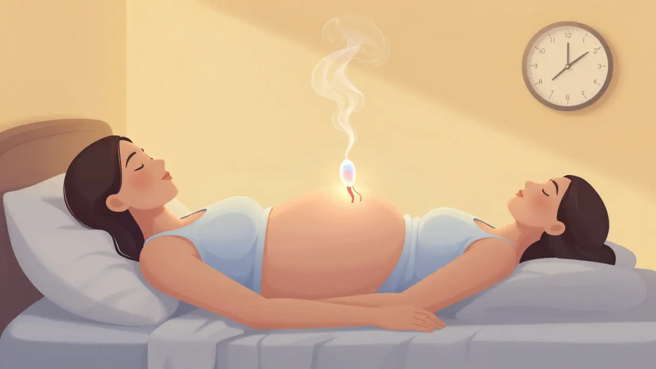 Fiktivní ilustrace tělesných změn před porodem: klesající břicho, otevírající se hrdlo a hlenový plug.