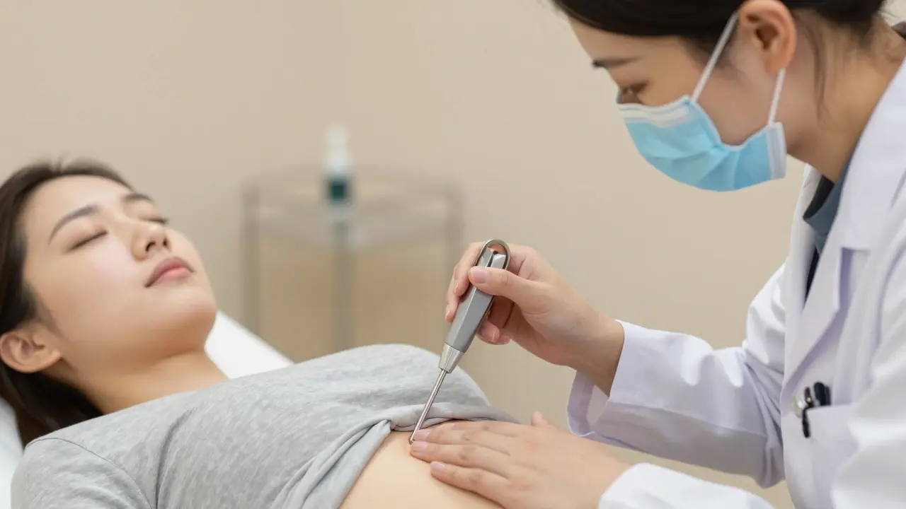 Gynekoložka provádí jemnou prohlídku s respektem k pacientce, která je uvolněná.