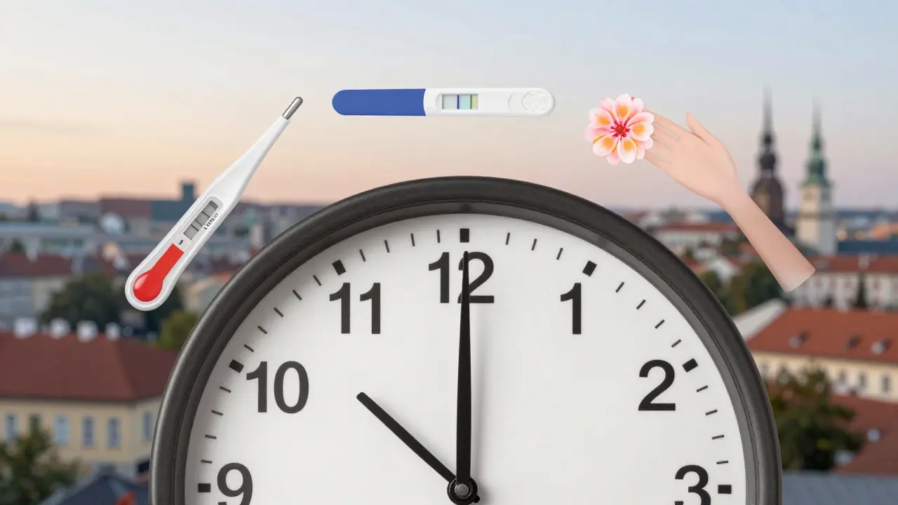 Hodiny ukazují pětidenní okno před ovulací, kolem nich symboly plodnosti a město Brno na pozadí.