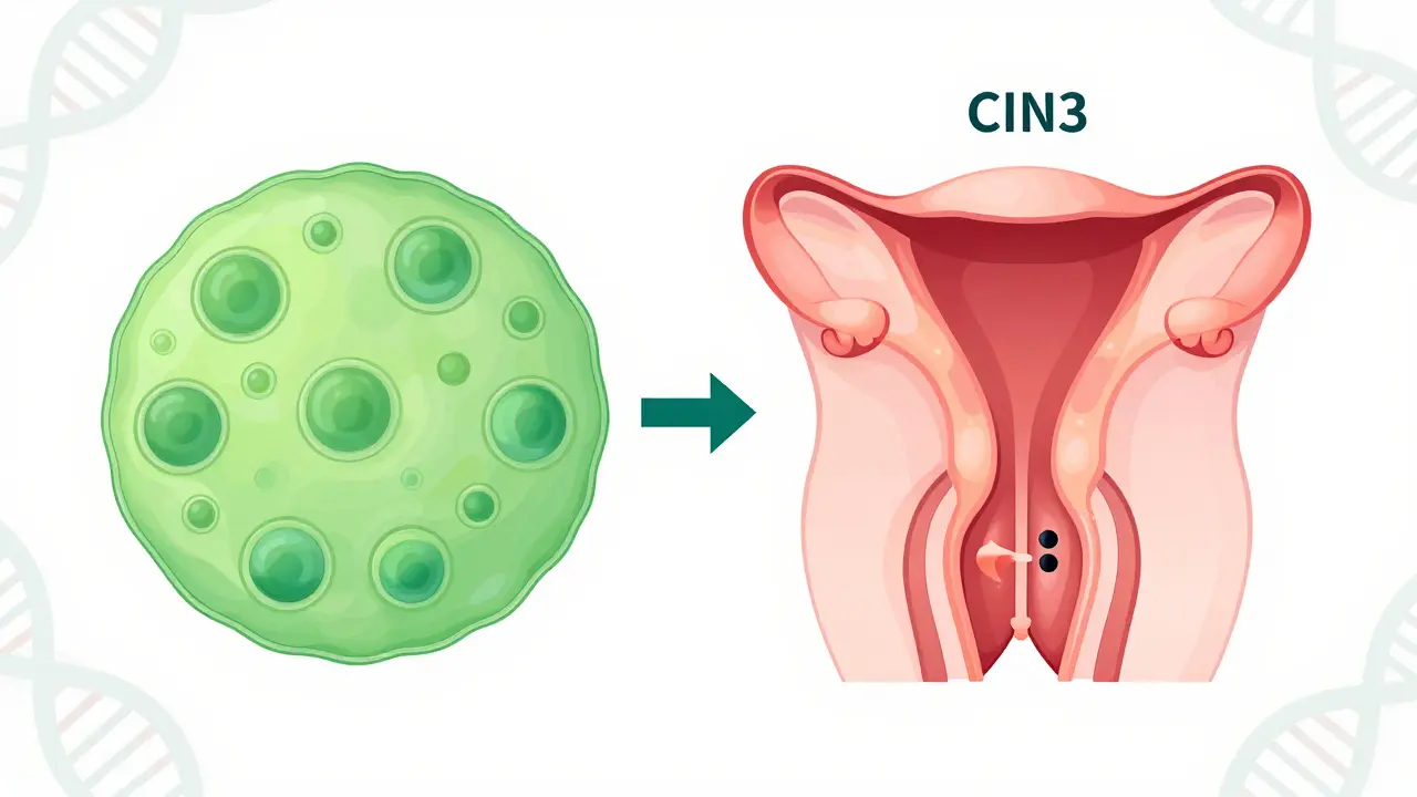Ilustrace postupného poškozování buněk děložního čípku od zdravého stavu až po rakovinu.