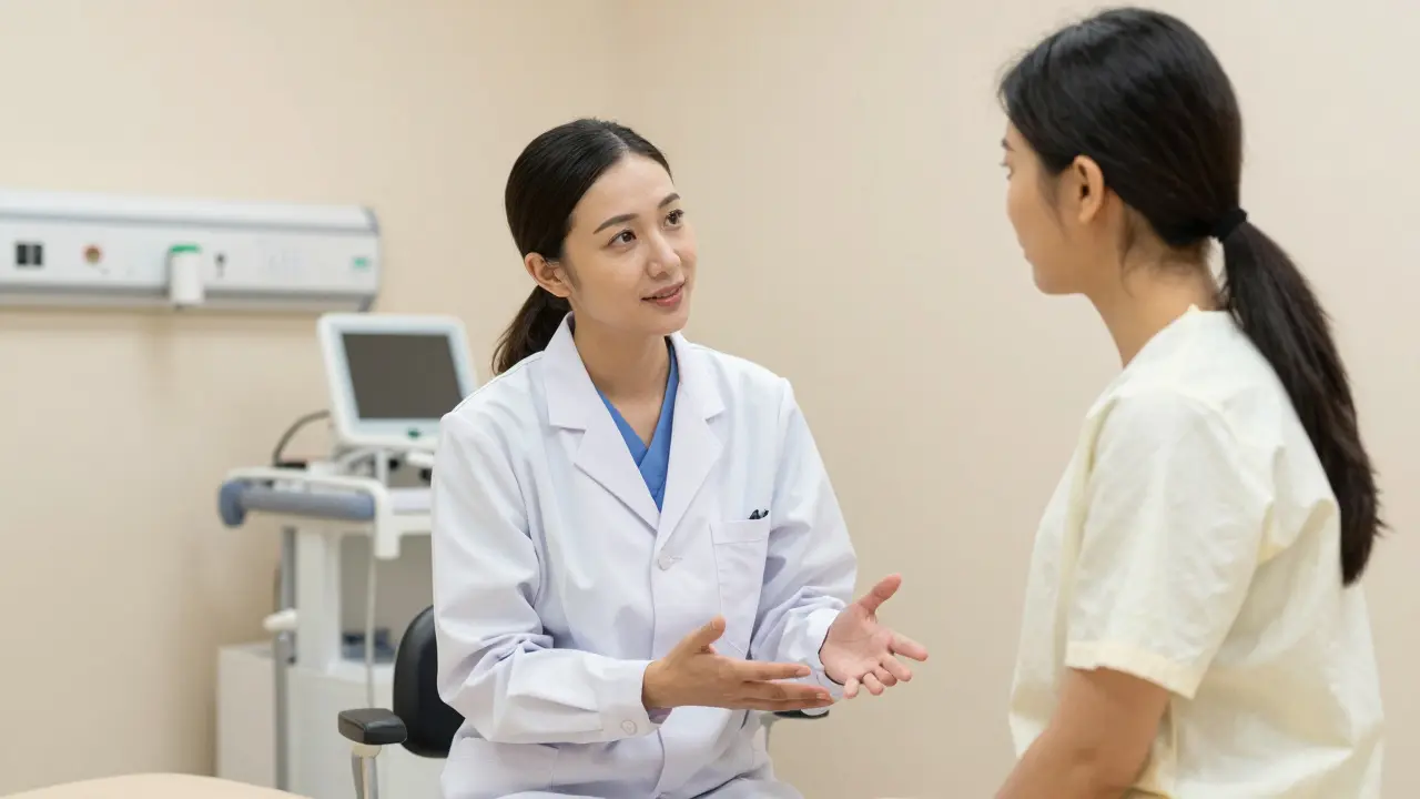 Lékař vysvětluje pacientce postup vyšetření v ordinaci.