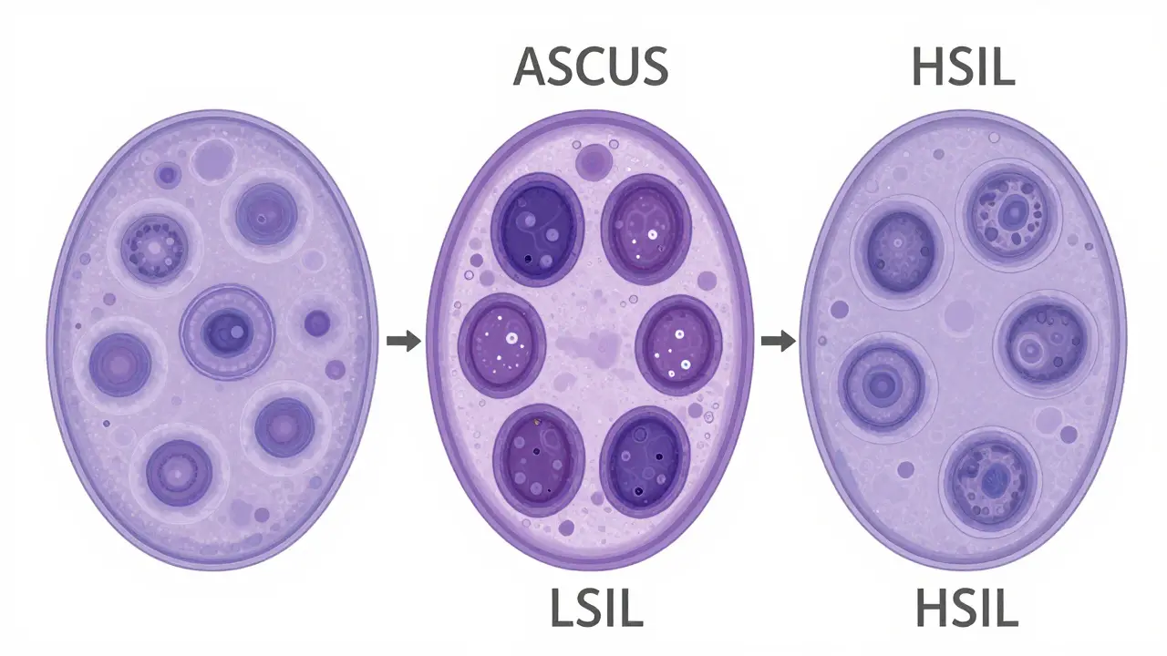 Mikroskopické obrazy buněk děložního hrdla s různými stupni změn: normální, mírné a výrazné.
