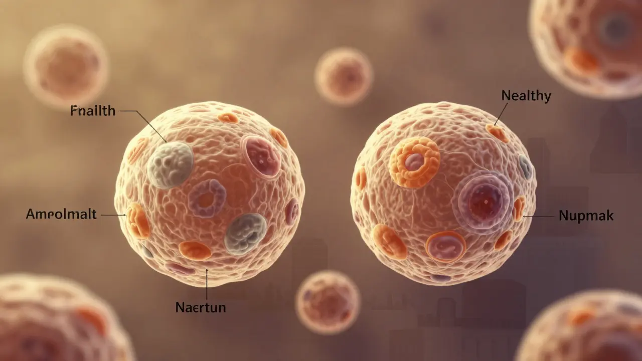 Mikroskopický pohled na normální a abnormální buňky krčku dělohy s jemným výhledem na Brno.