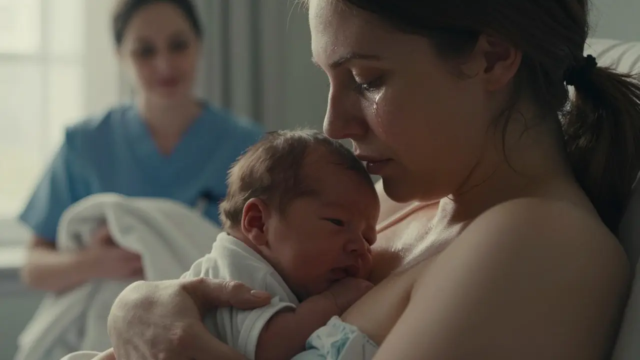 Nová matka okamžitě po porodu, září v očích, drží novorozence na prsou, slzy a klidná úleva v obličeji.