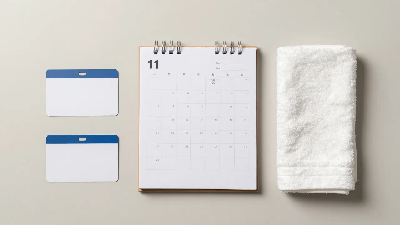 Přehled věcí z batohu: doklady, deník a ručník.