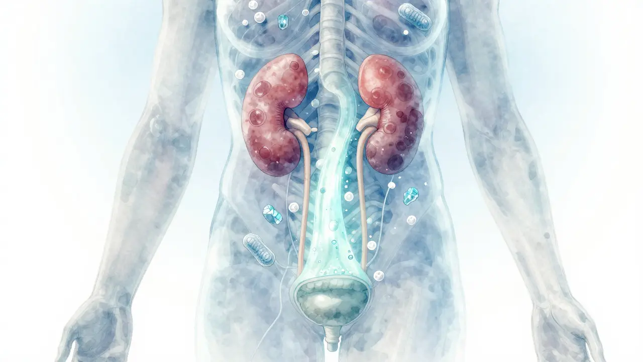 Průhledný lidský tělo s proudem moči a symbolickými ukazateli zdravotních indikátorů.