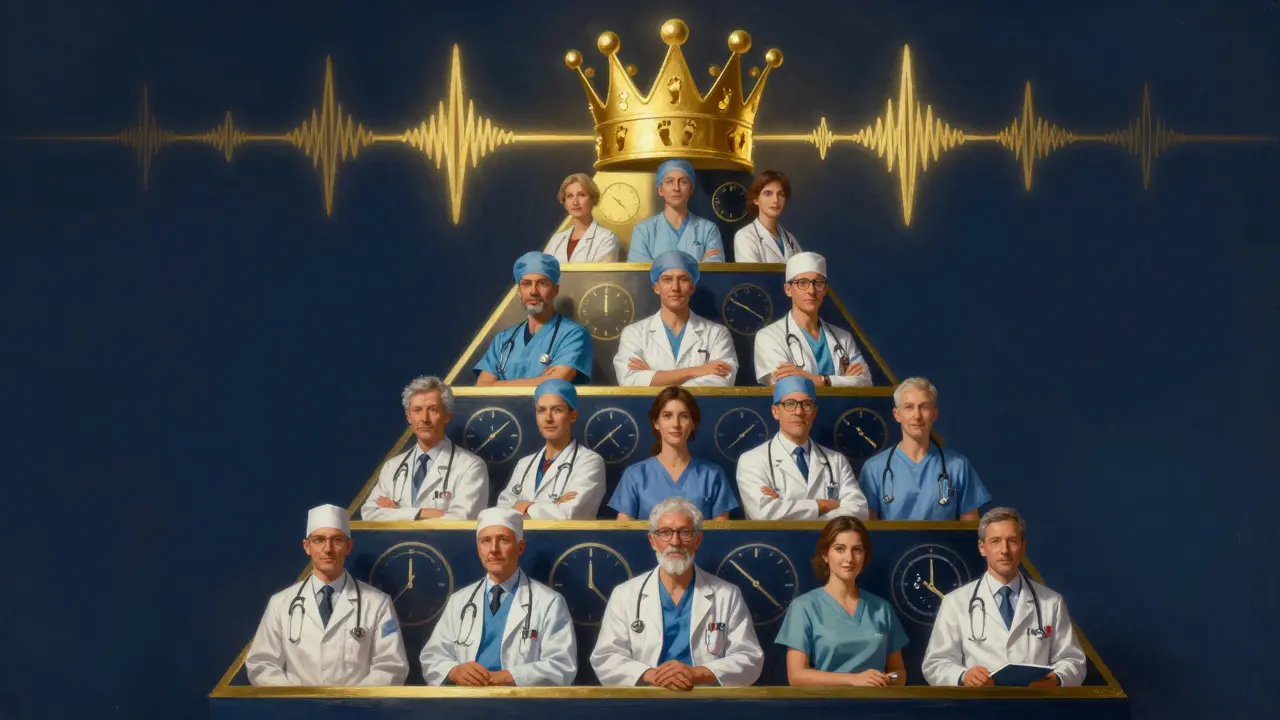 Pyramida lékařských specializací v Česku s gynekology na vrcholu.