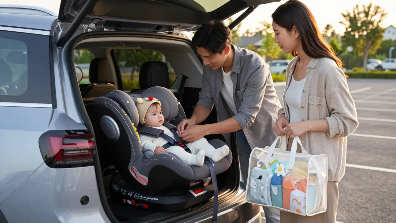 Rodina se připravuje k odjezdu domů z poporodní kliniky.