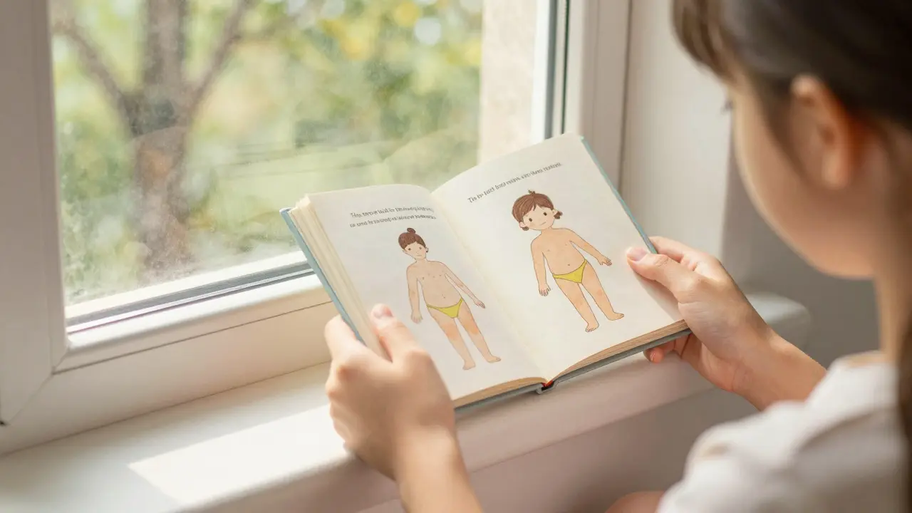 Ruka dívky drží ilustrovanou knížku o puberty, slunce osvětluje stránky s vývojem těla.