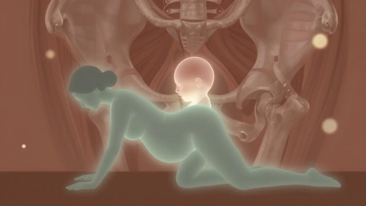 Těhotná žena na všech čtyřech, s jemným světelným obrysem plodu, který se sestupuje do porodních cest.