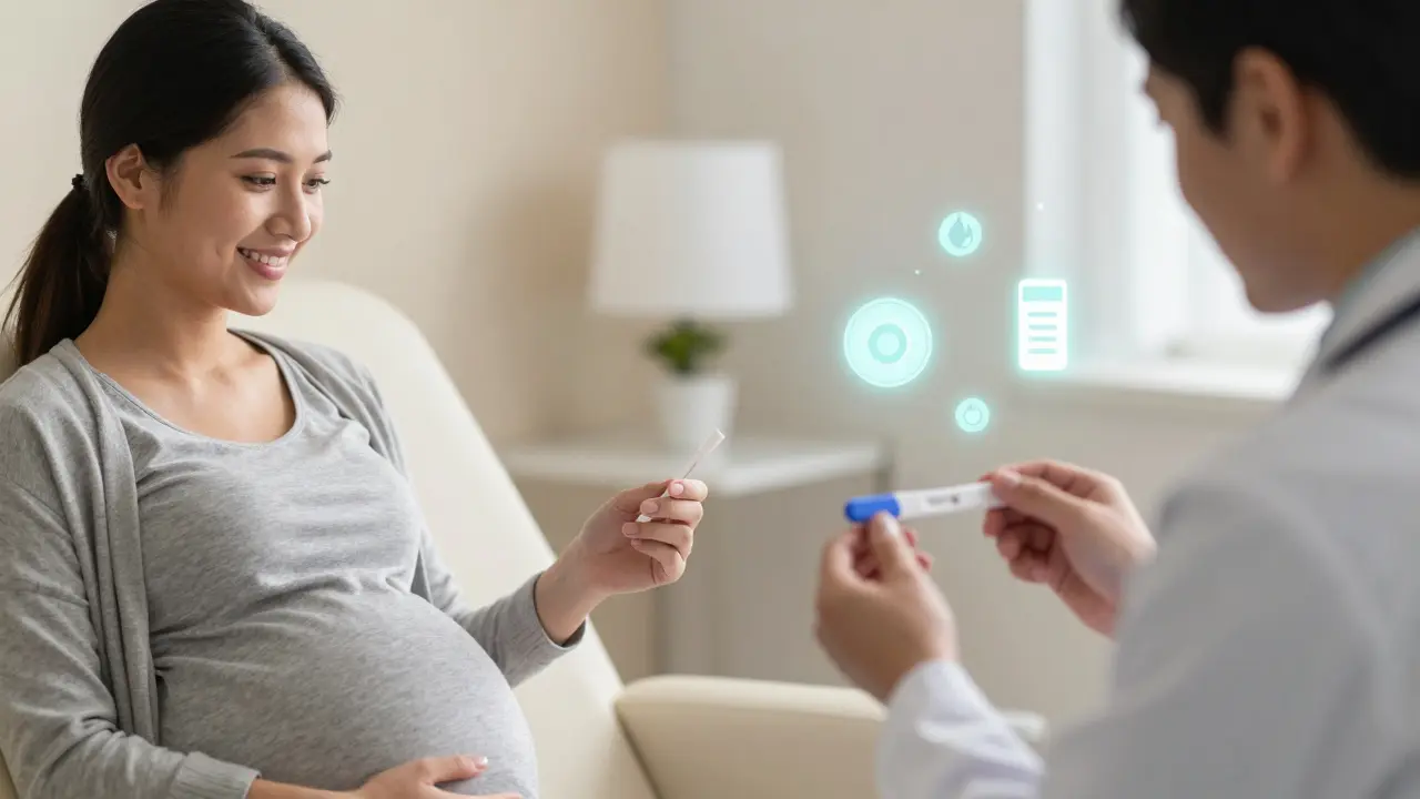 Těhotná žena spolu s lékařem prohlíží výsledek močového testu s vizualizací skrytých rizik.