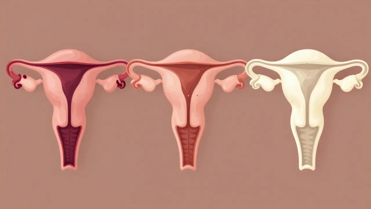 Tři fáze lochie: červená, růžová a bílá tekutina.