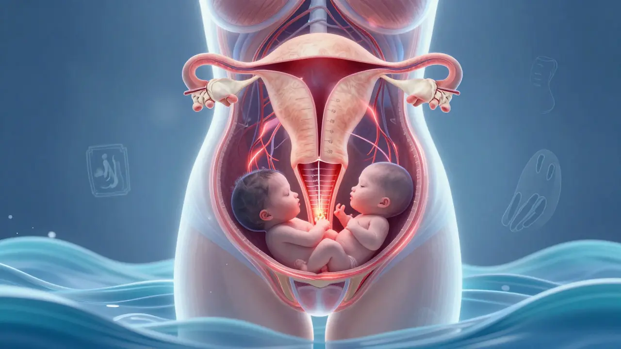 Umělecké znázornění vnitřních procesů porodu: stahy dělohy, otevírání krku a sestup dítěte s symboly dýchání a vody.