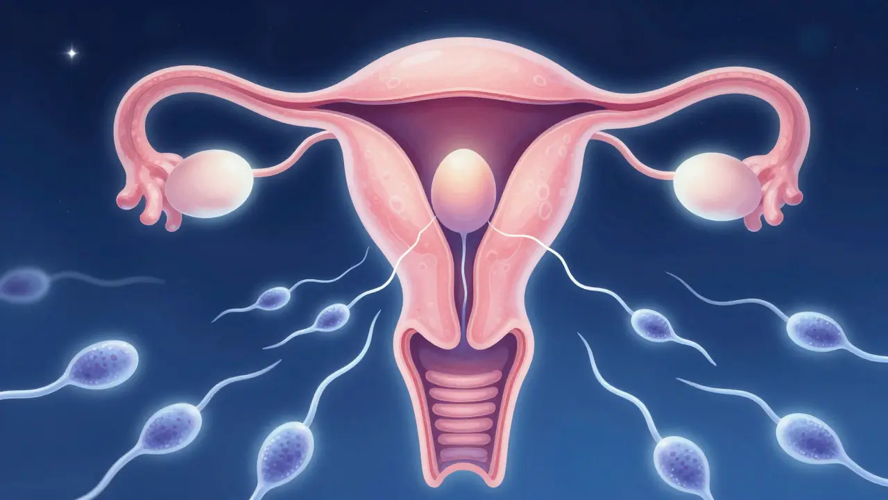 Vnitřní pohlavní orgány ženy během ovulace s plavajícími spermie v jemně svítících trubkách, stylizovaně v barvách modré a růžové.