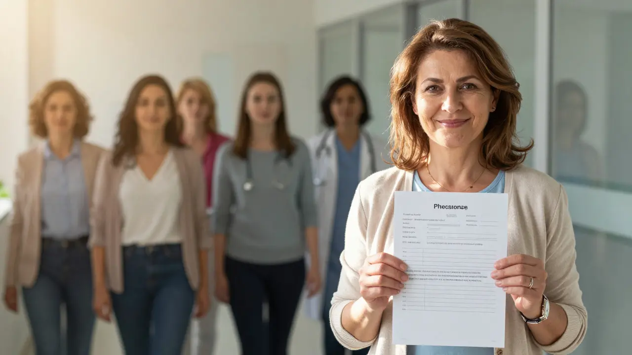 Žena opouští kliniku se smírem, slunce osvětluje její cestu — symbol prevence rakoviny.