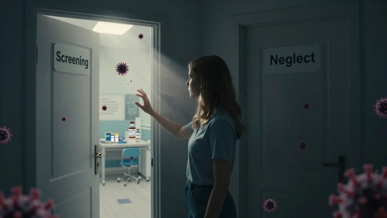 Žena stojí na prahu dvou cest — jedna vede ke screeningu a světlu, druhá do stínu rakoviny.