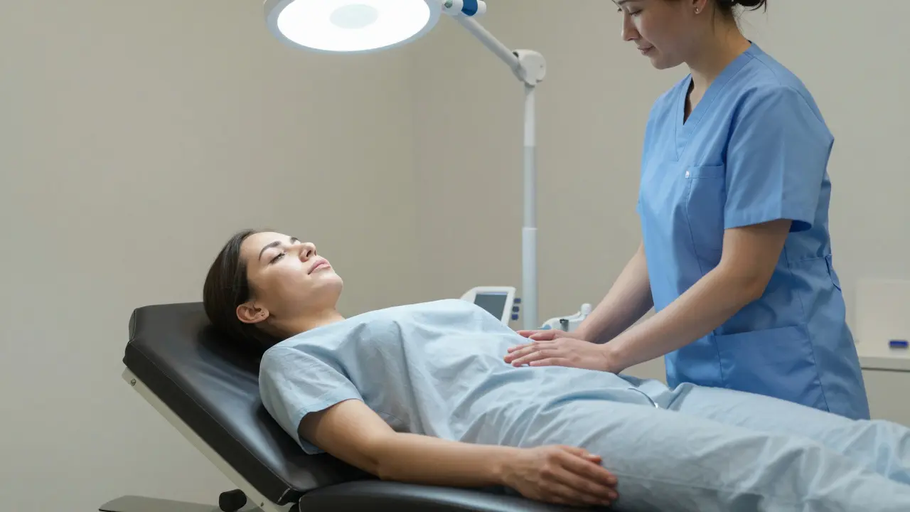 Žena v gynekologické ordinaci během lékařského zákroku, sestra jí jemně drží ruku.