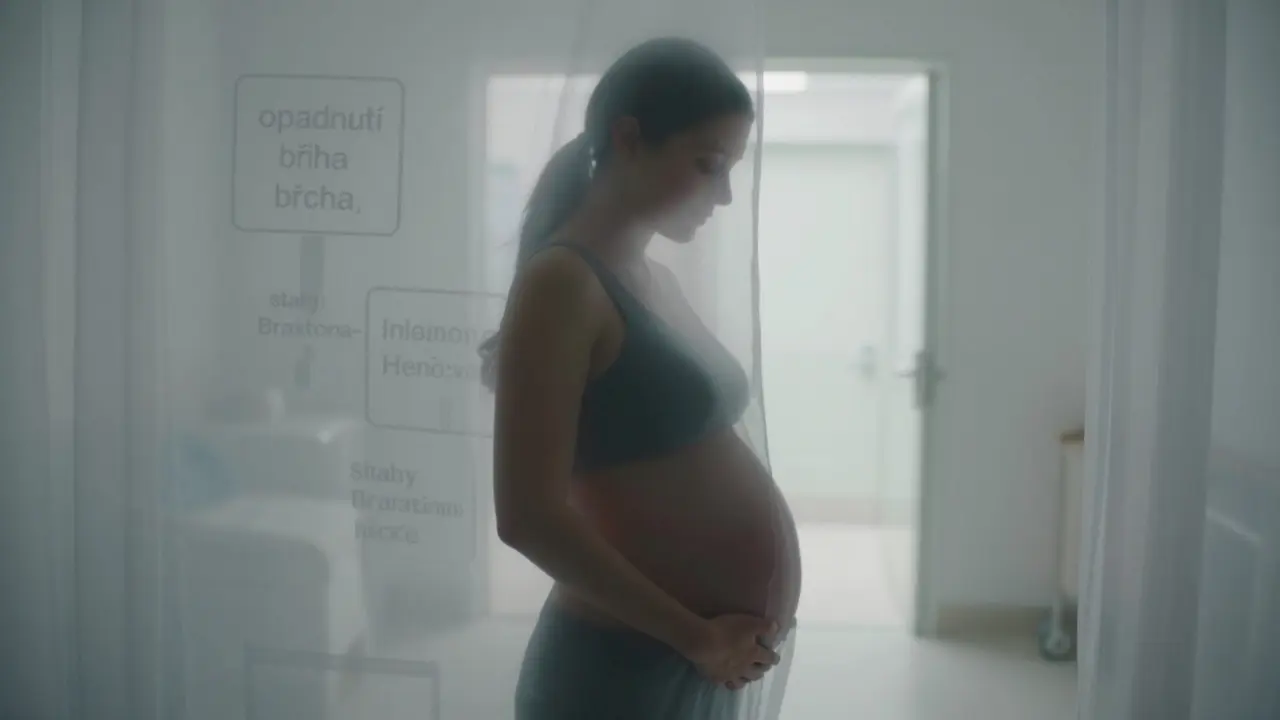 Žena v porodu je vedená světlem k nemocnici, symbolizující přirozený a silný proces.