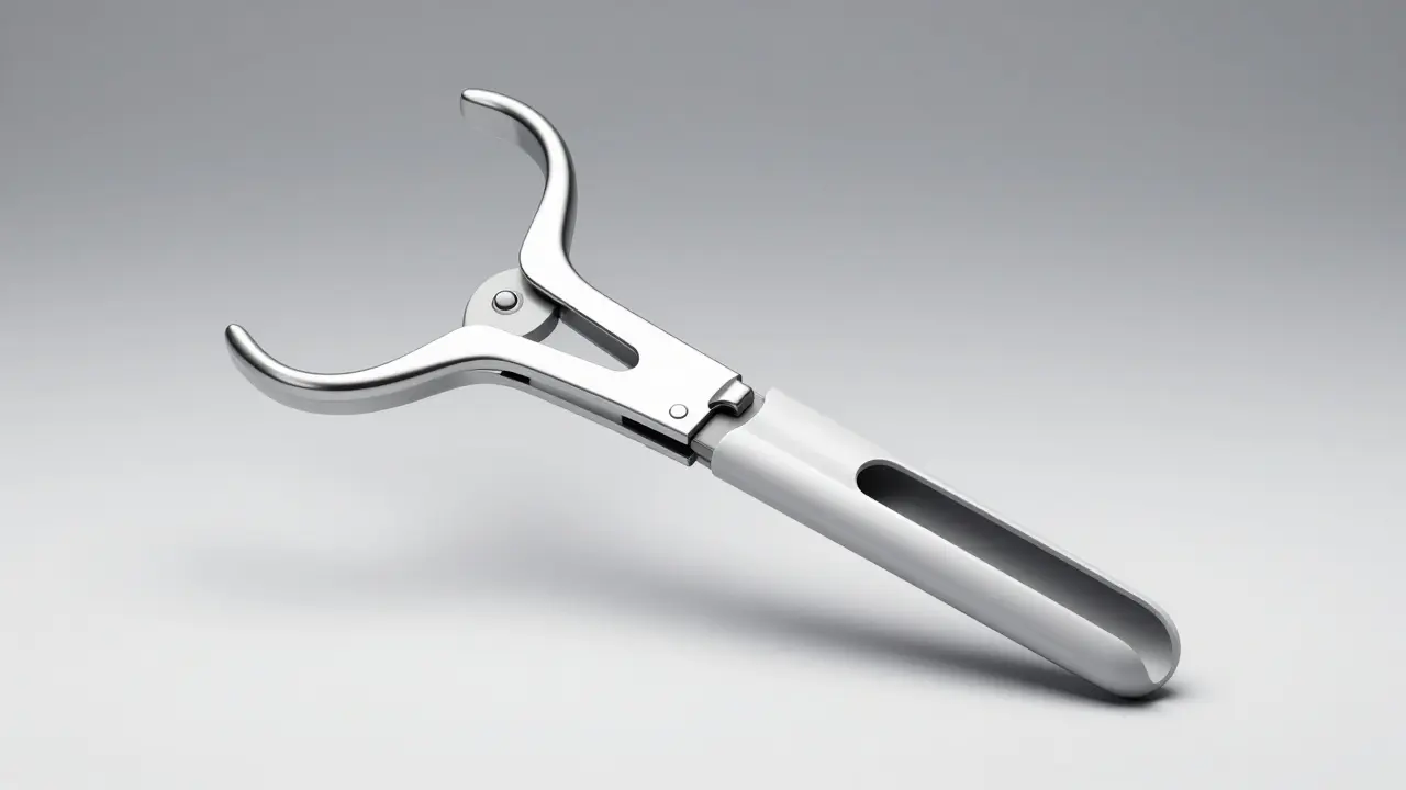 3D model gynekologického zrcadla znázorňující jeho mechanickou funkci a tvar.