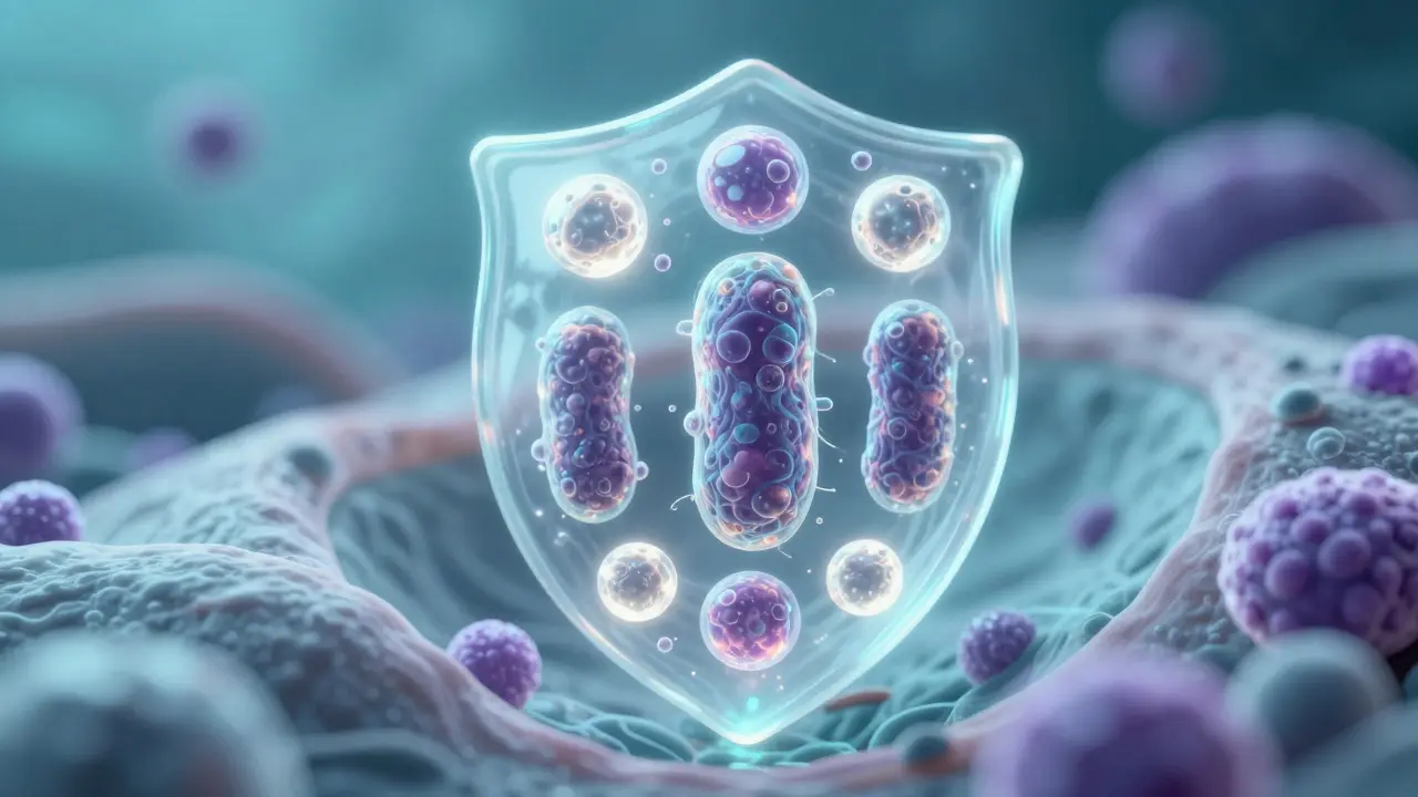 Abstraktní 3D znázornění ochranné vrstvy prospěšných bakterií.