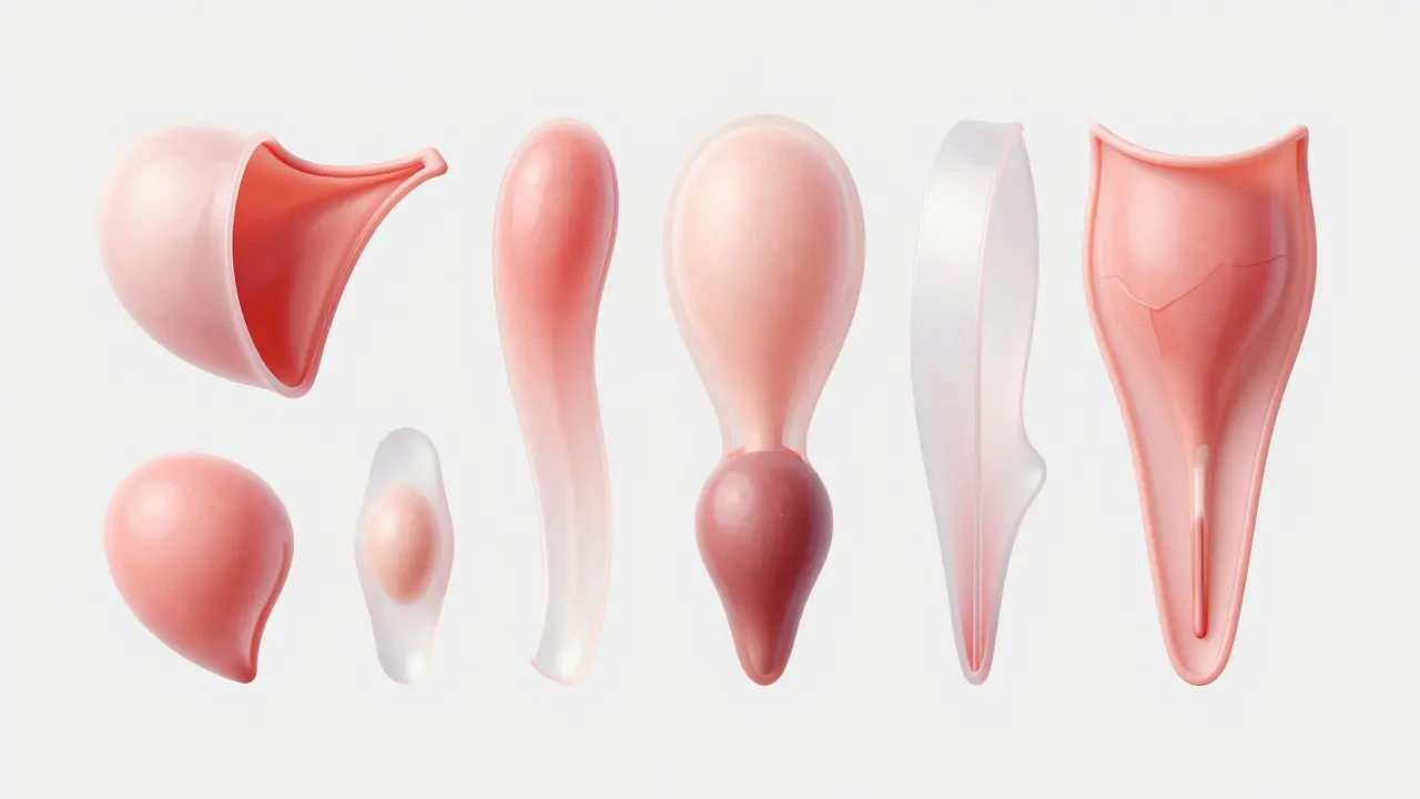 Abstraktní medicínská ilustrace znázorňující různé tvary panenské blány.