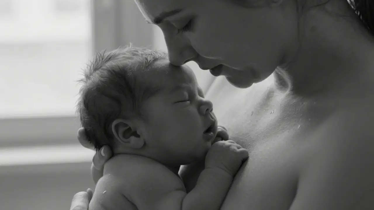 Detailní záběr novorozence položeného na hruď matky v momentě prvního setkání.