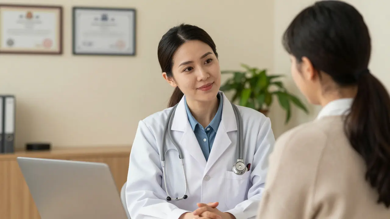 Empatická lékařka komunikující s mladou pacientkou v konzultační místnosti.